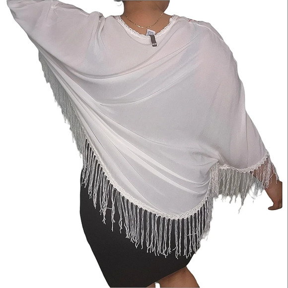 XCVI Cream Fringe Poncho Orange Embroidered V-Neck Size S - Picture 3 of 12